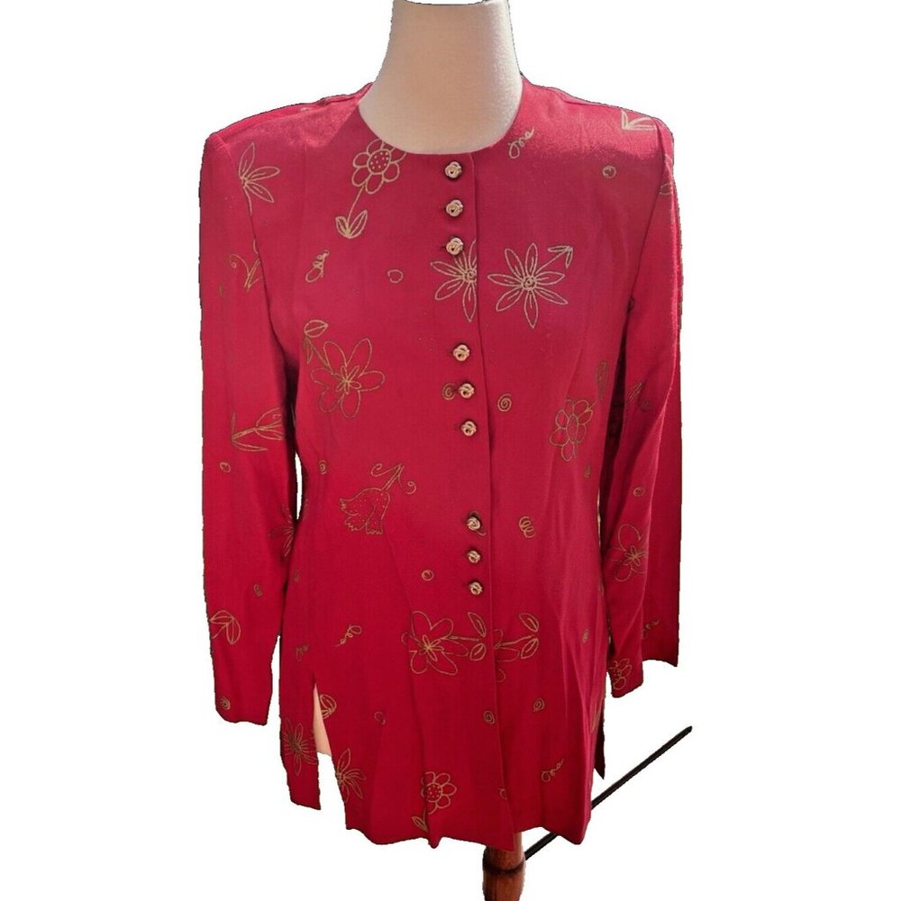Vintage R&M Richards Red Floral Button-Up Long Sleeve Blouse With Gold Accents S